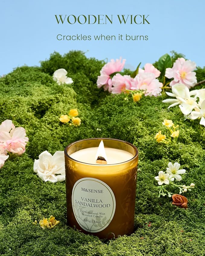 M&SENSE Vanilla Sandalwood Candle, Cracking Wooden Wick Soy Wax, 18oz 100 Hours Long Lasting Clean Burn, Large Jar Candles for Home Scented, Non-Toxic Relaxing Aromatherapy Gifts for Women - Bloomnest