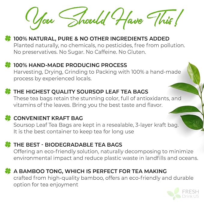 40 Premium Soursop Graviola Leaf Tea Bags, 100% Natural and Pure from Soursop Leaves, Handmade, Made With Natural Materials-Corn Fiber Tea Bag, Sugar/Caffeine/Gluten Free, Hoja Guanabana Tea - Bloomnest