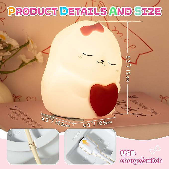 Night Light for Kids, Rechargeable Dimmable Silicone LED Nightlight with 7 Colors, Baby Nursery Night Lamp, Touch Squishy Lamp, Cute Gifts for Girls, Boys, Toddler Room Decor, Rabbit - Bloomnest