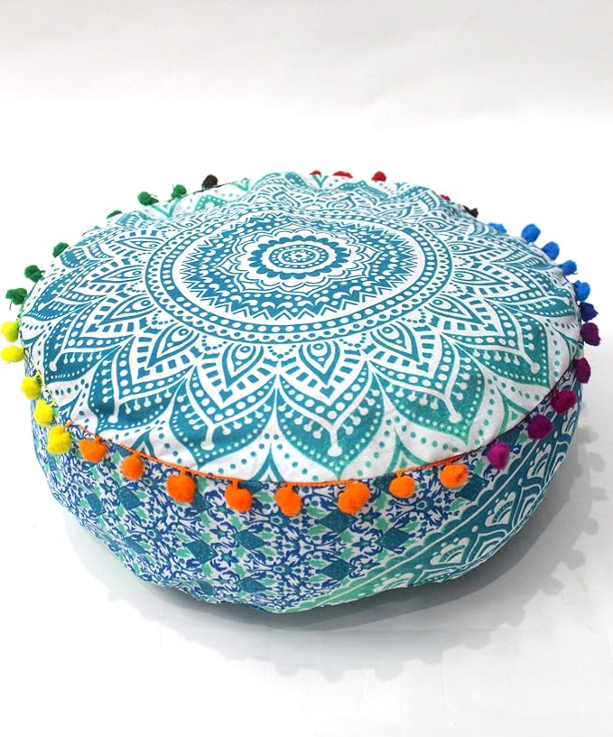 INDIAN CRAFT CASTLE ICC Mandala Barmeri Large Floor Pillow Cover Cushion Meditation Seating Ottoman Throw Cover Hippie Decorative Zipped Bohemian Pouf Ottoman Cases Green Ombre 16" Round - Bloomnest