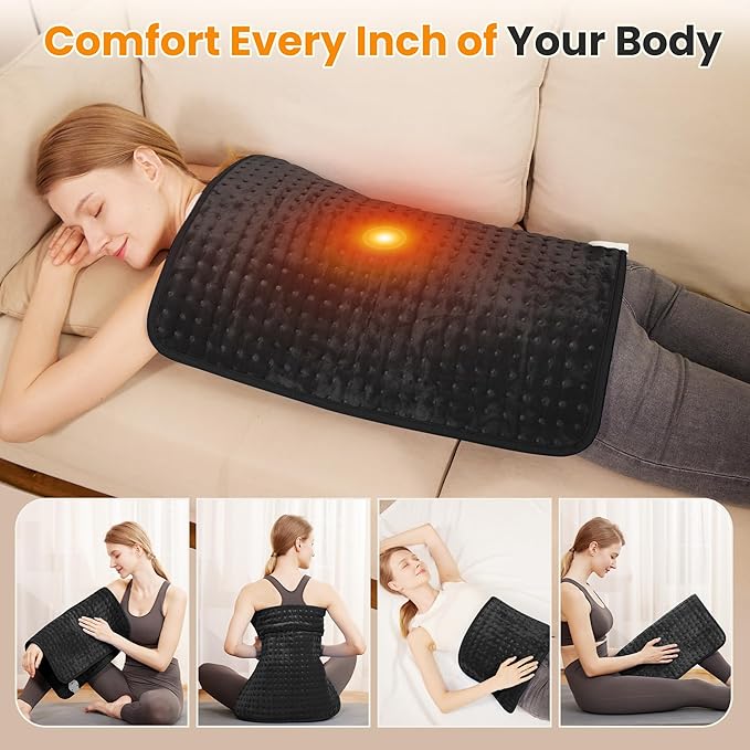Electric Heating Pad for Back Pain Relief & Cramps - 6 Heat Settings,Auto Shut Off,Moist Heat Options,Portable Heated Pads for Neck/Shoulder Machine Washable Gift for Men Women,Black,20"x24" - Bloomnest