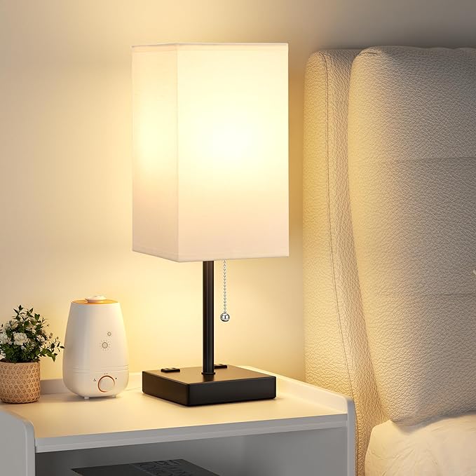 aooshine White Table Lamp for Bedside - 3 Color Temperature 3000K 5000K 4000K Bedroom Lamp, Pull Chain Control, USB A and C Ports, AC Outlets, Bulb Included, Medium - Bloomnest