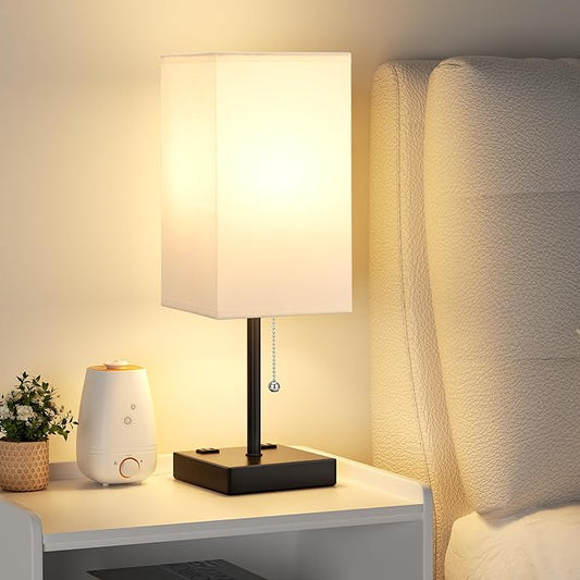 aooshine White Table Lamp for Bedside - 3 Color Temperature 3000K 5000K 4000K Bedroom Lamp, Pull Chain Control, USB A and C Ports, AC Outlets, Bulb Included, Medium - Bloomnest