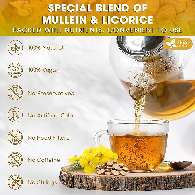 FreshDrinkUS, Premium 55 Mullein Licorice Tea Bags, 100% Natural, Blend of Mullein Leaves, and Licorice Root. Made with Natural Material Tea Bags. No Sugar, Vegan. - Bloomnest