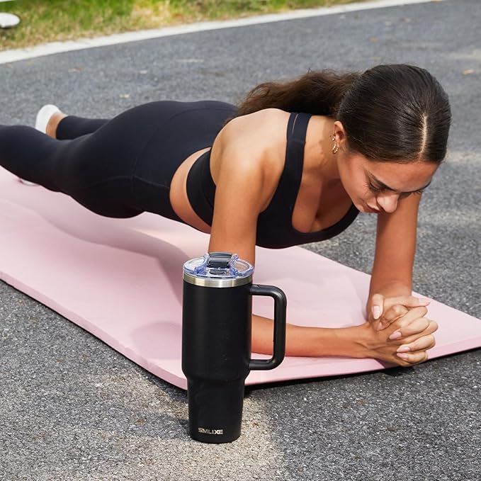 40 oz Tumbler with Handle and Straw Lid,Insulated Reusable Stainless Steel Water Bottle Travel Mug，Cupholder Friendly Double Wall Vacuum Sealed Cup (Black) - Bloomnest
