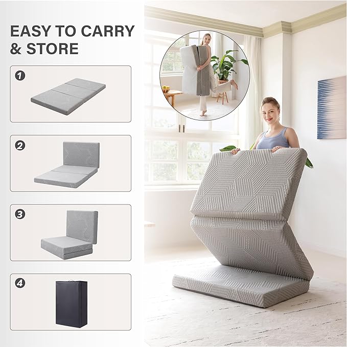 MLILY Tri-Fold Memory Foam Mattress, 4 inch Full Folding Mattress with Collapsible and Washable Cover, Travel and Guest Mat, 75"×54"×4", Grey - Bloomnest