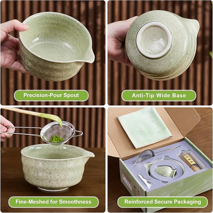 7Pcs Matcha Whisk Set - Matcha Bowl with Spout, Bamboo Whisk (Chasen), Holder, Stainless Sifter, Tea Scoop, Tea Towel, Scoop Rest. Full Japanese Ceremony Matcha Kit, Perfect Gift for Tea Fans (Green) - Bloomnest