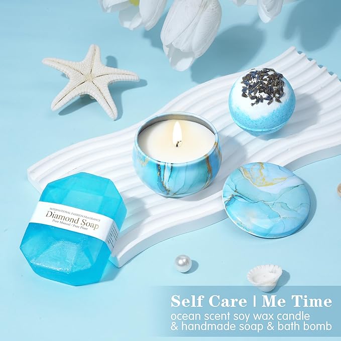 Birthday Gifts for Women, Self Care Get Well Soon Gifts, Ocean Relaxing Spa Gift Basket w/ Luxury Flannel Blanket & 40 oz Tumbler, Thinking of You Gifts, Christmas Gift for Mom Wife Sister Friend