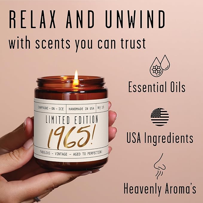 60th Birthday Gifts for Women Ideas - 'Limited Edition 1965' Soy Candle, w/Champagne on Ice I 1965 60 Birthday Gifts for Women Ideas I 9oz Reusable Jar, 50Hr Burn, Made in USA - Bloomnest
