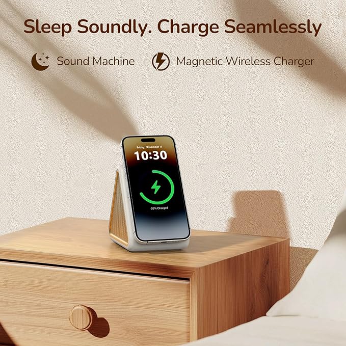 Housbay Sound Machine with Magnetic Wireless Charger for iPhone, 2-in-1 Design for Clutter-Free Nightstand, Dual-Speaker Stereo Sound for Sleeping - Cream - Bloomnest