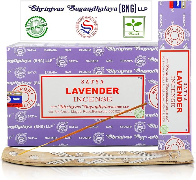 Satya Lavender Incense Sticks, Satya Bng (Bangalore) Insenses 15gmx12 Pack with Raajsee Incense Holder Bundle, Satya Nagchampa Natural Incense - Bloomnest