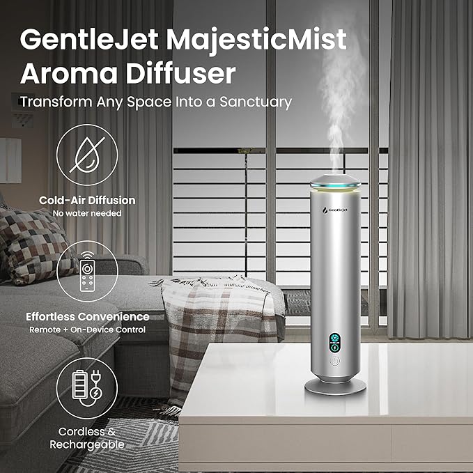 MajesticMist Rechargeable - Aluminum Waterless Essential Oil Diffuser with Wireless Charging, Quiet Aroma Diffuser, Scent Diffusers for Home, Room & Hotel, Remote Control, USB-C, 1000sq.ft - Bloomnest