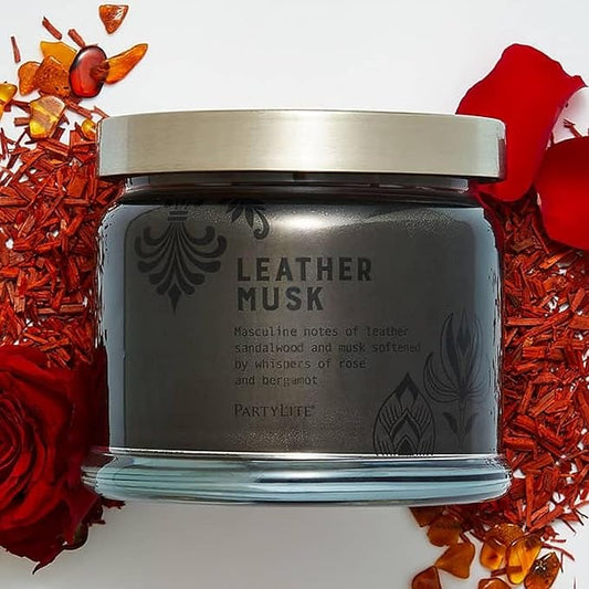 PartyLite 3-Wick Jar Candle, Highly Fragranced Clean Burning Glass Candle, 25-45 Hours Burn Time (Leather Musk) - Bloomnest