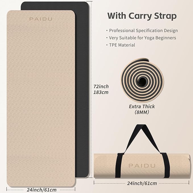 Yoga Mat 8mm Super Thick TPE Fitness Mat | SGS Certified | Non-Slip, Odorless & Tear-Resistant | Unisex with Strap | for Yoga, Pilates, Meditation & Home Workouts - Bloomnest
