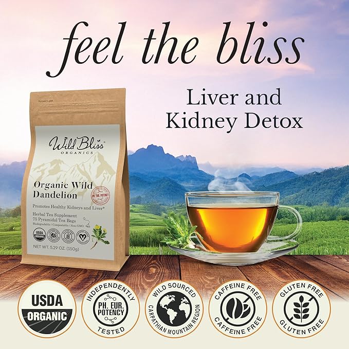 Wild Bliss Organic Wild Raw Dandelion Root Tea - Pharmacopoeia Quality Caffeine Free Herbal Detox Support - 75 Plant Based Tea Bags - Bloomnest