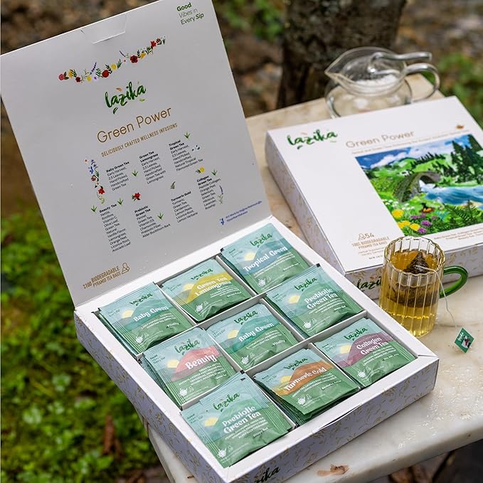 Lazika Green Tea Variety Pack with Lovely Presentation Box, 54 Counts, Green Tea Assortment Gift Set, Premium Collection with Pyramid Infuser Bag, Early Harvest, Handcrafted - Bloomnest