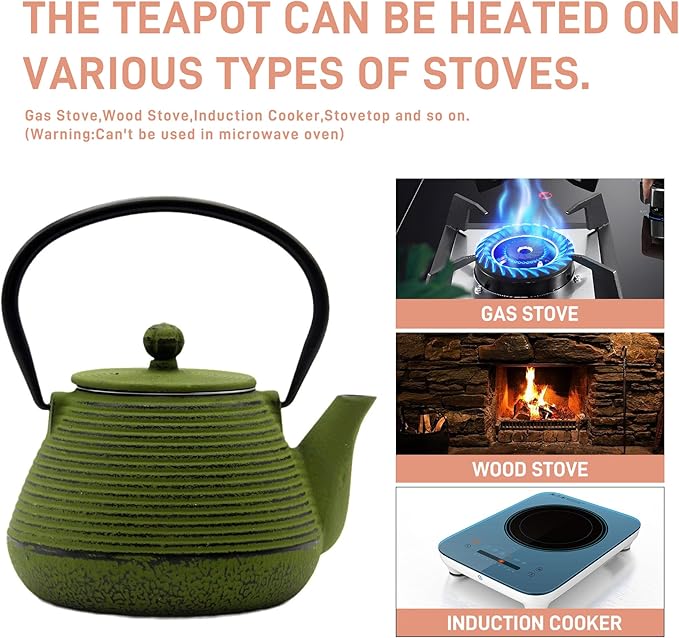 20.3oz Small Cast Iron Teapot, SECHUDO Cast Iron Tea Kettle for Stovetop Safe Coated with Enameled Interior, Iron Tea Pot with Stainless Steel Infuser for Loose Tea (Green Pinstripe Pattern) - Bloomnest