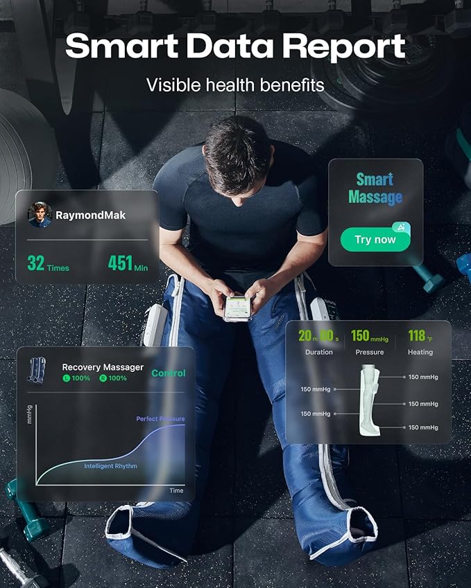 UREVO Smart Leg Recovery PT Pro, AI-Powered Tech Rechargeable Air Compression Massager Boots for Circulation, Smart Pain Senser and Foot Muscle Recovery to Athletes After Summer Sports, Blue - Bloomnest