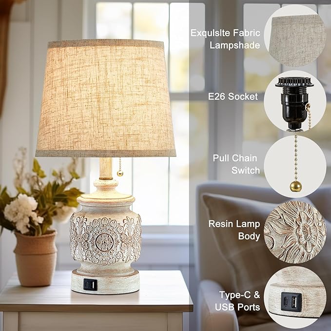 19.5" Farmhouse Vintage Table Lamps for Living Room Set of 2 Traditional Rustic Bedside Lamps for Bedrooms Nightstand with USB Ports Carved Floral Night Light Lamp for Office Decor,Pull Chain - Bloomnest