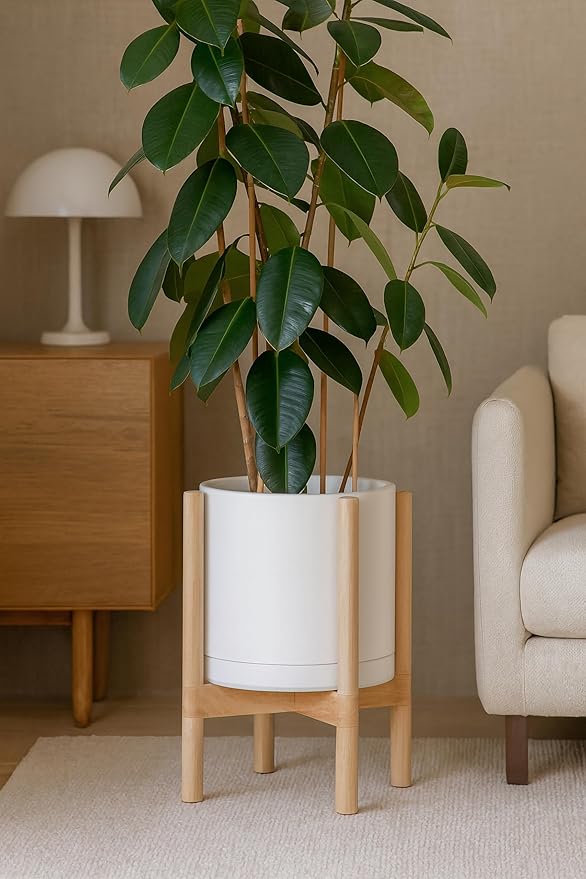 D'vine Dev Ceramic Planter with Natural Stand - 12 Inch Modern Round Flower Pot with Wood Planter Holder, Oatmeal, 55-B-J-8 - Bloomnest