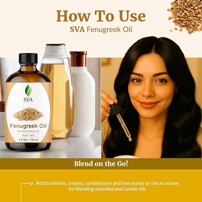 SVA Fenugreek Oil 4oz (118ml) Premium Carrier Oil with Dropper for Hair Care, Hair Oiling, Scalp Massage & Skin Care - Bloomnest