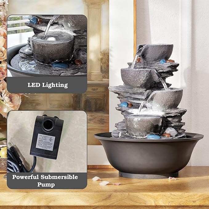 10.6inch Tabletop Fountain, Indoor Waterfall Fountains with LED Light, Realistic Rock Design for Soothing Ambiance in Bedrooms, Living Rooms, Offices, or Meditation Spaces - Bloomnest