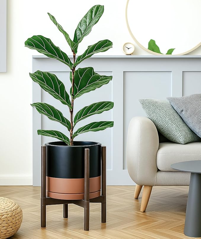 D'vine Dev Ceramic Planter with Walnut Color Stand - 12 Inch Modern Round Flower Pot with Wood Planter Holder, Black/Speckled Tan, 55-B-W-7 - Bloomnest