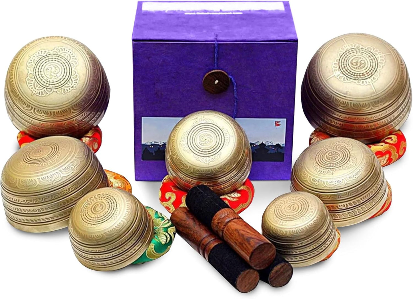 Tibetan Singing Bowl Set of 7, Handmade Singing Bowl for Meditation & Holistic Healing, Yoga Accessories, 3-5” Multicolored Singing Bowls with Wooden Striker, Cushion & Red Carry Box