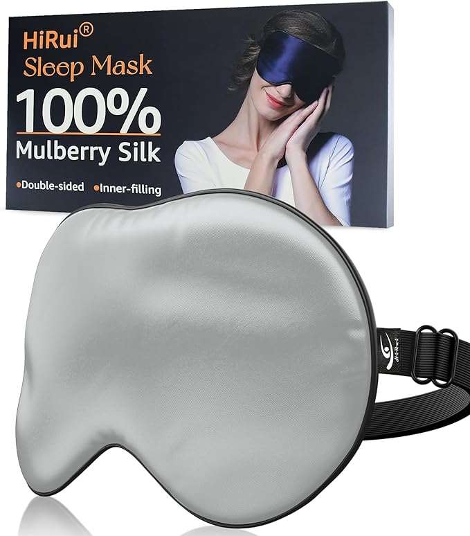 HiRui Silk Sleep Mask, 100% Natural Mulberry Silk of Double-Sided & Inner-Filling, Ultra-Smooth Soft, Adjustable Strap, Blocks Light for Night Sleeping, Travel, Office Naps (Gray) - Bloomnest