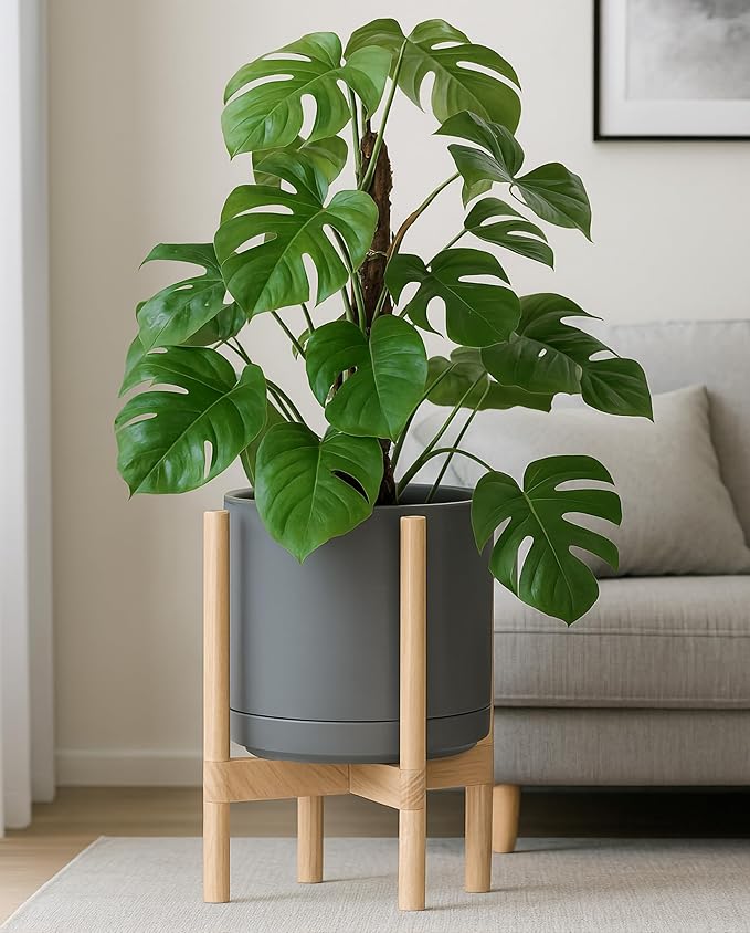 D'vine Dev Ceramic Planter with Natural Stand - 12 Inch Modern Round Flower Pot with Wood Planter Holder, Grey, 55-B-J-3 - Bloomnest