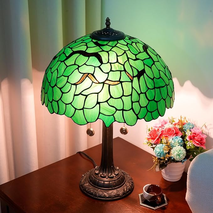 Tiffany Lamp Stained Glass lamp 16 inches Bedside Table Lamps for Living Room Bedroom Dorm Kitchen Home Decor Festival Birthday Gift,Green Leaf - Bloomnest