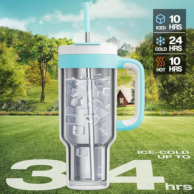 POWCAN 40 oz Tumbler with Handle, 2-in-1 Straw and Sip Lid, Leakproof, Dishwasher Safe, Insulated Stainless Steel Travel Coffee Mug, Keeps Cold for 34 Hours, Fits in Car Cup Holder (Glacier) - Bloomnest