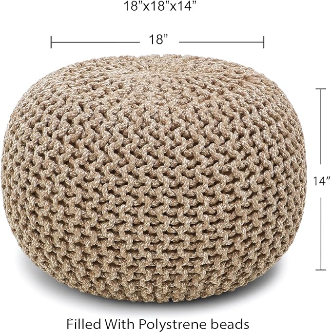 REDEARTH Round Pouf Ottoman - Hand Knitted Cable Boho Poof Home Décor Pouffe Circular Footrest for Living Room - Nursery - Bedroom - Lounge 100% Cotton (18”x18”x14”) - Beige Ivory - Bloomnest