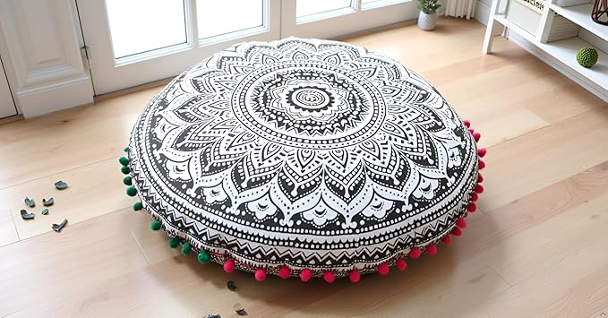 CRAFT KALA Boho Large Floor Pillow Pouf Cover Mandala Meditation Room Pillow Cover for Adults Round Bohemian Seating Pouf Cushion Cover for Kids Playroom 22" Grey Ombre - Bloomnest