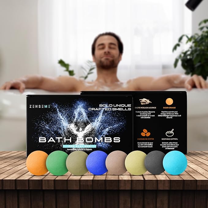 Bath Bombs for Men - Gift Set of 8 Scented Organic Handmade Bath Bombs of 2.5 oz with Natural Essential Oils, Unique Strong Manly Scents, for Boyfriend, Husband, Father or Friend, by ZenseMe - Bloomnest