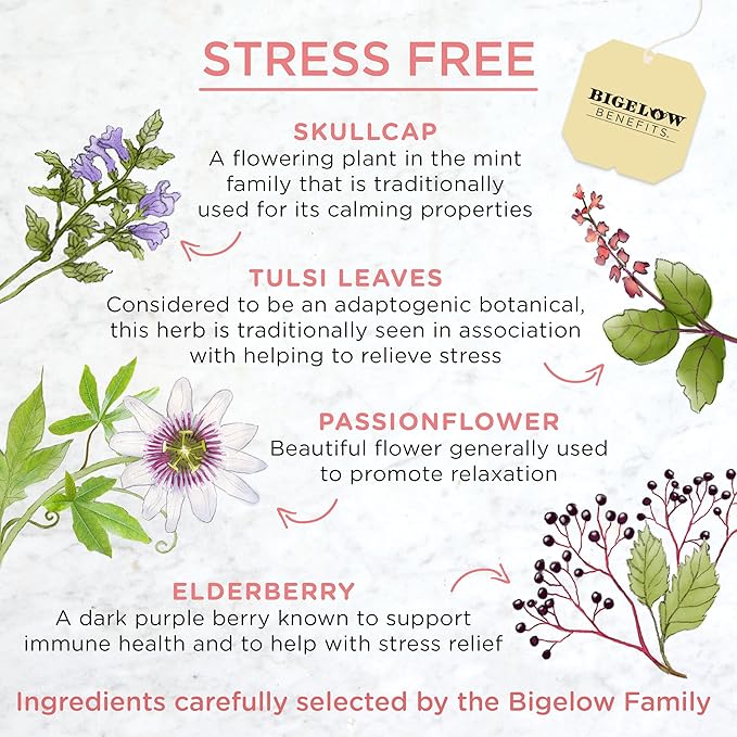 Bigelow Benefits Stress Free Rose & Mint Herbal Tea, Caffeine Free, 18 Count (Pack of 6), 108 Total Tea Bags - Bloomnest
