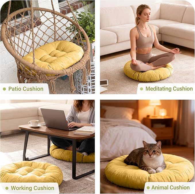 Tiita Floor Pillows Cushions Round Chair Cushion Outdoor Seat Pads for Sitting Meditation Yoga Living Room Sofa Balcony 22x22 Inch, Yellow