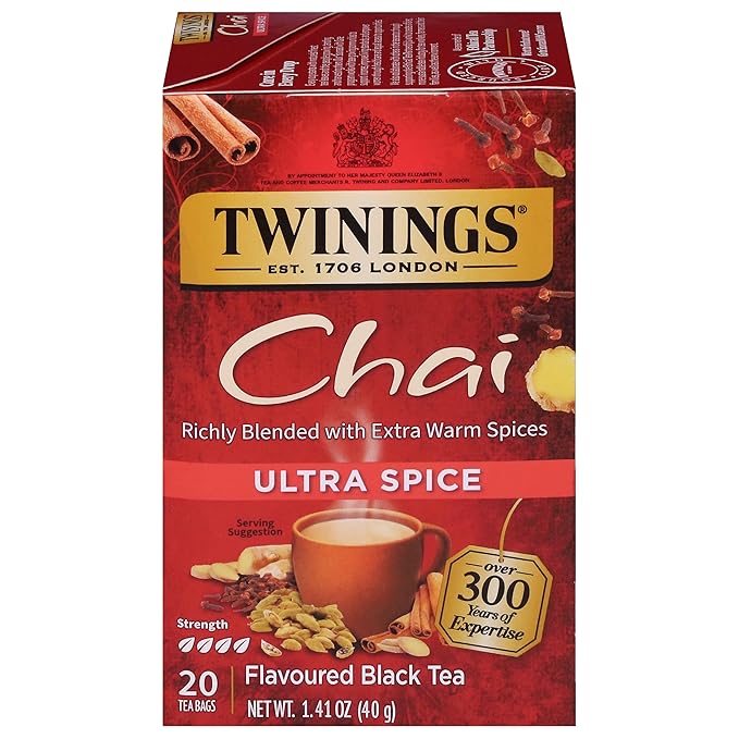 Twinings Ultra Spice Chai Black Tea Individually Wrapped Bags, 20 Count (Pack of 1), Sweet, Savoury Spices, Caffeinated, Enjoy Hot or Iced, 20 Teabags - Bloomnest