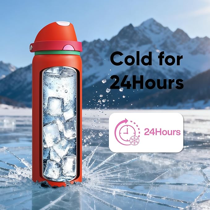 Insulated Water Bottle with Straw - Encool Stainless Steel Water Bottle with Push Button Lid, Leak-Proof & BPA-Free, Keeps Cold for 24 Hours for Sports, Travel, Gym (32 oz, Grapefruit Red) ENCOOL
