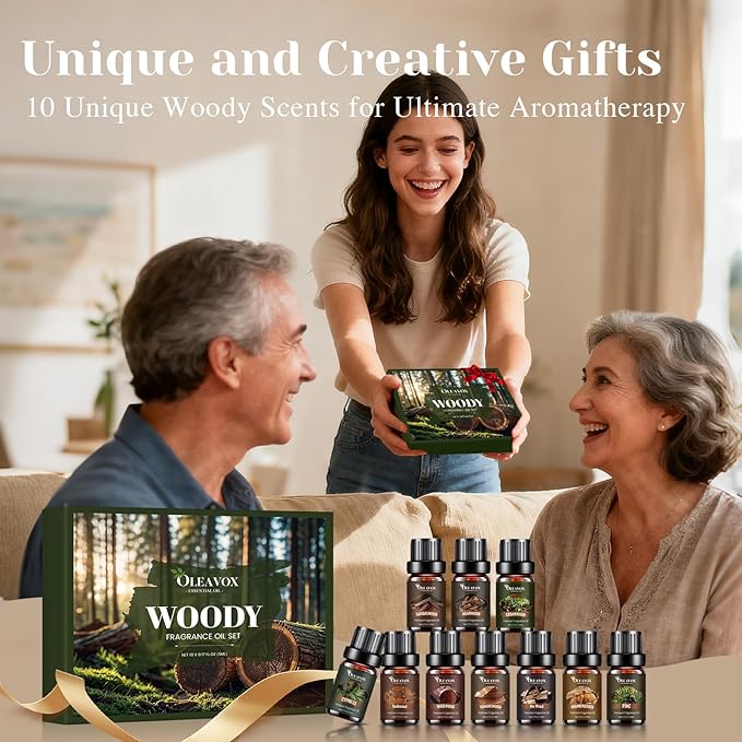 Woody Essential Oils Gift Set, 10x５ML Premium Wood Fragrance Oil　for Candle & Soap Making, Diffuser, Sandalwood, Teakwood, Forest Pine, Cedarwood, Cypress and Frankincense More Aromatherapy Oils - Bloomnest