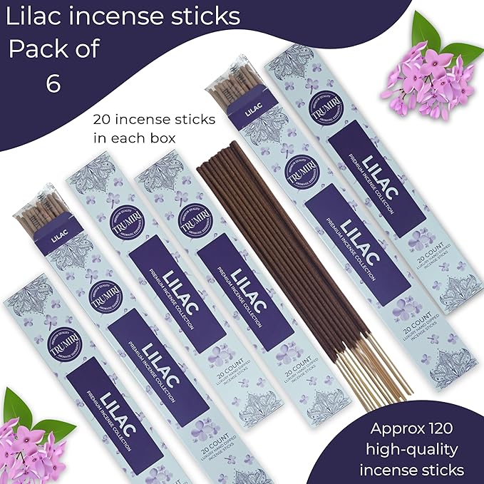 Lilac Incense Sticks - Total 120 Insence-Sticks - 6 Packs of 20 Insense - Inciensos - Inscents - Natural Non Toxic Ingredients - Incents - Incence - Inscense - Insents TRUMIRI