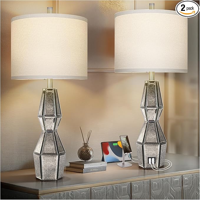 28" Vintage Table Lamps for Bedroom,Antique Bedside Lamp for Living Room with USB A+C Ports,Glass Table Lamps with Linen Shade,3-Way Dimmable Bulb,Nightstand Lamp for Home Hotel Decor(Bulb Included) - Bloomnest