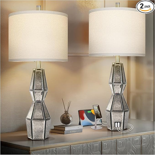 28" Vintage Table Lamps for Bedroom,Antique Bedside Lamp for Living Room with USB A+C Ports,Glass Table Lamps with Linen Shade,3-Way Dimmable Bulb,Nightstand Lamp for Home Hotel Decor(Bulb Included) - Bloomnest