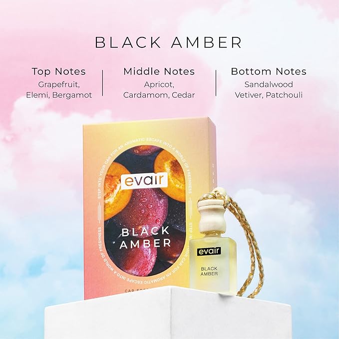 Evair Combo Pack of Car Air Freshener with Essential Oils Fragrances Black Amber, Ocean Rush & English Rose in Glass Bottle with Wooden Diffuser Lid | Each 10 ml- Pack of 3 Evair
