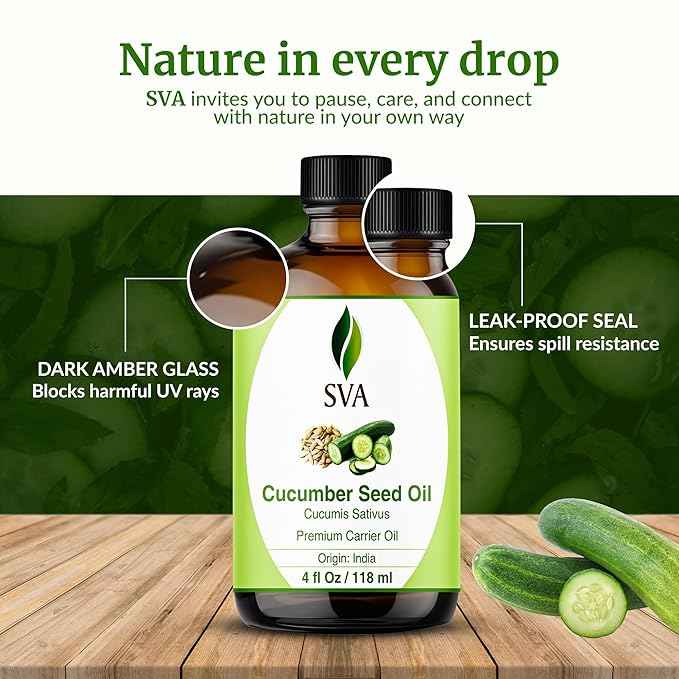 SVA Cucumber Seed Oil - 4 Fl Oz – 100% Natural Cold Pressed Cucumber Oil - for Face, Skin Care, Hair Care, Scalp Massage & Body Massage – Carrier Oil with Dropper - Bloomnest