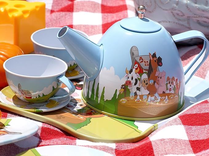 Regal Games Old Macdonald’s Tea Time - Barnyard Animal Designed Kid's Tea Time Set - Includes 1 Teapot, 4 Cups, 4 Saucers, 1 Platter & Storage Case - Ideal Birthday & Easter Gift for Ages 5+