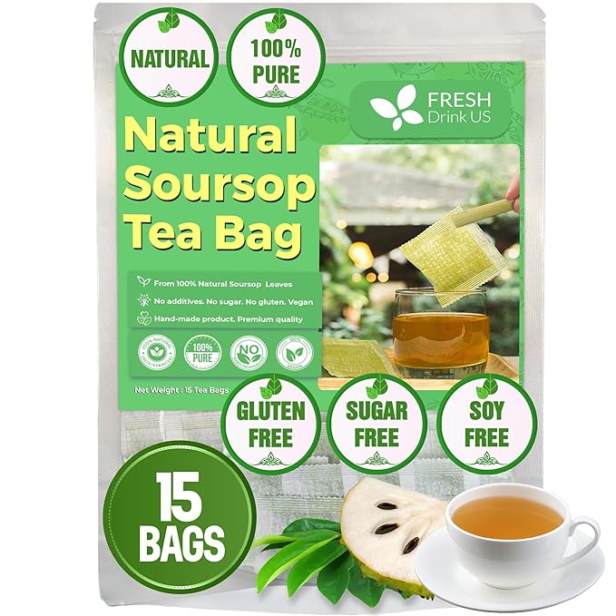FreshDrinkUS, 15 Premium Soursop Graviola Leaf Tea Bags, 100% Natural and Pure from Soursop Leaves, Handmade, Made With Natural Materials-Corn Fiber Tea Bag, Sugar/ Caffeine/ Gluten Free, Hoja Guanabana Tea - Bloomnest