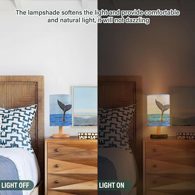 Table Lamp Humpback Whale Diving Tail Out of Sea Blue Ocean Nightstand Lamp with Wood Base Fabric Lamp Shade Bedside Desk Lamp for Living Room Bedroom Kids Room Office - Bloomnest
