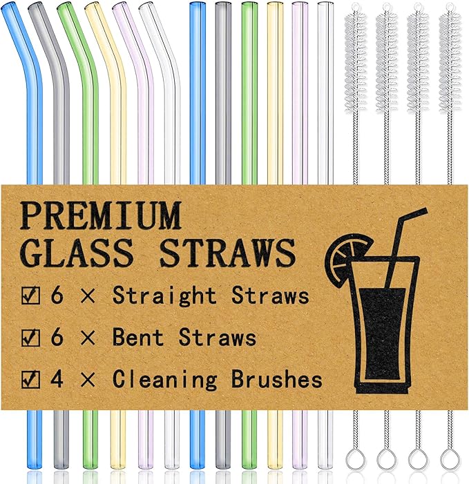 Piteno® 16-Pack Reusable Glass Drinking Straws, 8.5''x10MM, Set of 6 Straight and 6 Bent with 4 Cleaning Brushes, Perfect for Smoothies, Milkshakes, Juice, Tea (Rainbow) Piteno