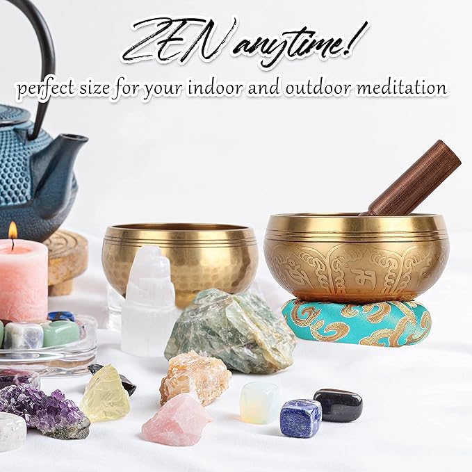 2-Pack Tibetan Singing Bowls Set - 100% Handmade in Nepal, Sound Bowl Meditation Set for Yoga, Chakra Healing, Meditation Gifts, Unique Gifts for Women (Blue, 3.15 + 4 inch)